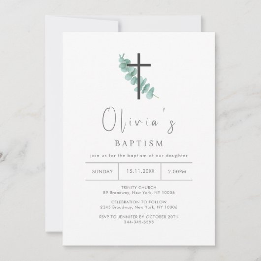 Einfache Eukalyptus Cross Christening Taufe Einladung (Vorderseite)