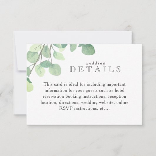 Einfache Eukalyptus Greenerity Wedding Info Card RSVP Karte (Vorderseite)