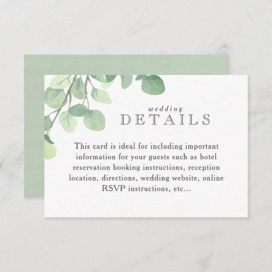 Einfache Eukalyptus Greenerity Wedding Info Card RSVP Karte (Vorne/Hinten)