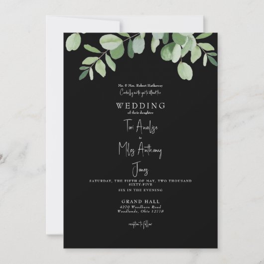 Einfache Eukalyptus Greenery Black Wedding Einladung (Vorderseite)