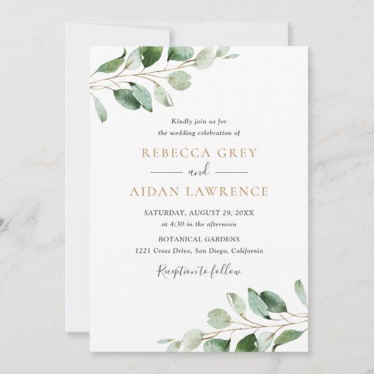 Einfache Eukalyptus Greenery Goldene Hochzeit Einl Einladung (Vorderseite)