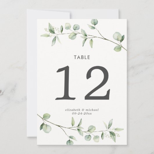 Einfache Eukalyptus Große Hochzeit-Tischnummer (Vorderseite)