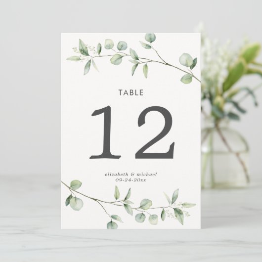 Einfache Eukalyptus Große Hochzeit-Tischnummer (Stehend Vorderseite)