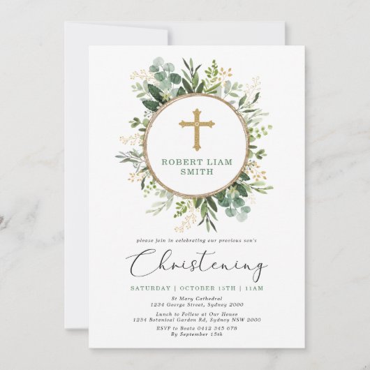 Einfache Eukalyptus Grüne Gold Cross Christening Einladung (Vorderseite)