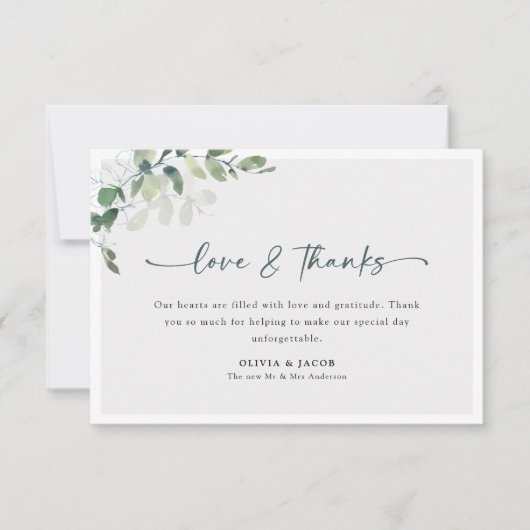 Einfache Eukalyptus-Hochzeit Dankeskarte (Vorderseite)