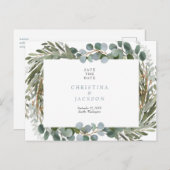 Einfache Eukalyptus-Hochzeit Sichern Sie das Datum Postkarte (Vorne/Hinten)