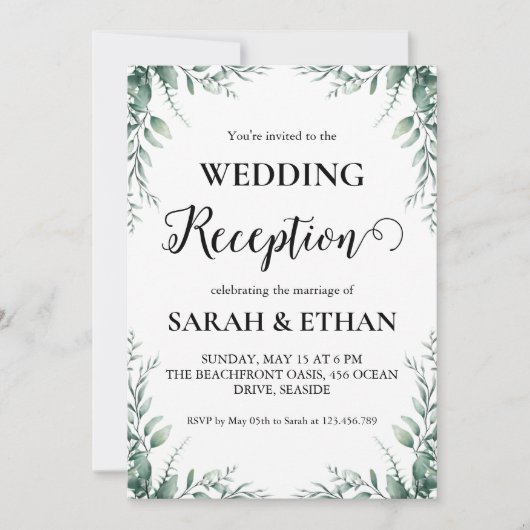 einfache Eukalyptus-Hochzeitsempfang Einladung (Vorderseite)