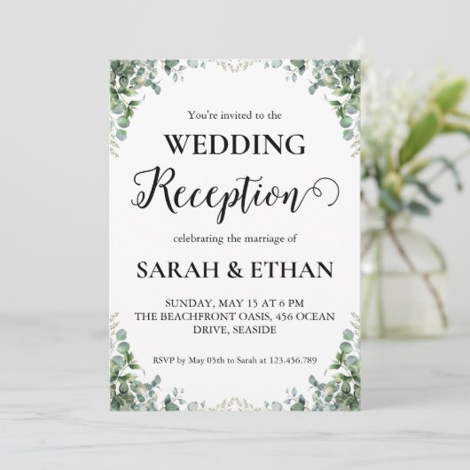 einfache Eukalyptus-Hochzeitsempfang Einladung (Stehend Vorderseite)