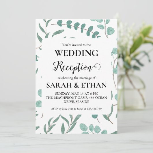 einfache Eukalyptus-Hochzeitsempfang Einladung (Stehend Vorderseite)