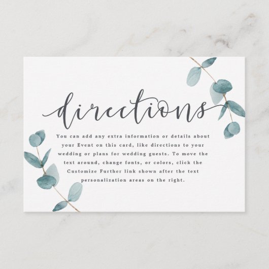 Einfache Eukalyptus-Kalligrafie-Hochzeitsrichtunge Begleitkarte (Vorderseite)