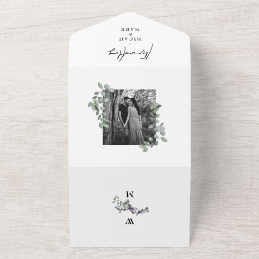 Einfache Eukalyptus & Lavender Zwei-Foto-Hochzeit All In One Einladung (Außenbereich)