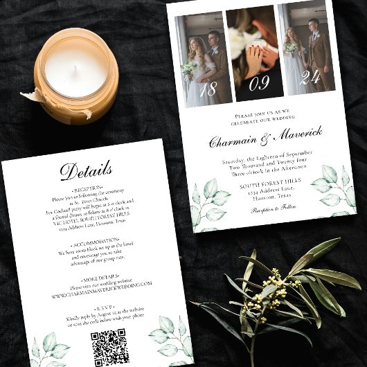 Einfache Eukalyptus Leaf & 3 Foto QR Code Hochzeit Einladung