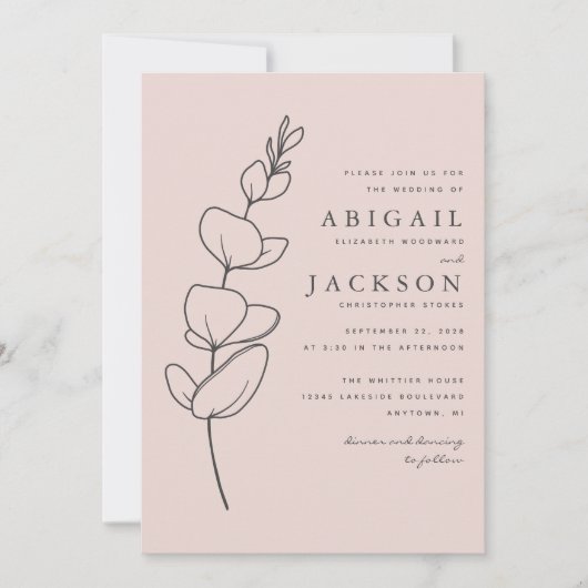 Einfache Eukalyptus-Linie Zeichnend Blush-Pink-Hoc Einladung (Vorderseite)