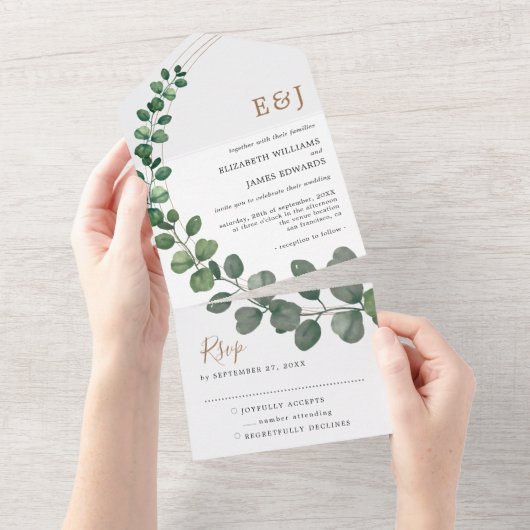 Einfache Eukalyptus-Minimalistische Hochzeit All In One Einladung (Abreißen)