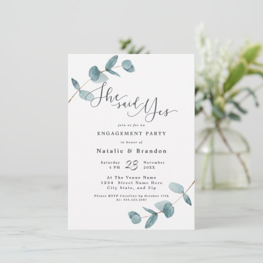 Einfache Eukalyptus Sie sagte Ja Engagement Partei Einladung (Stehend Vorderseite)
