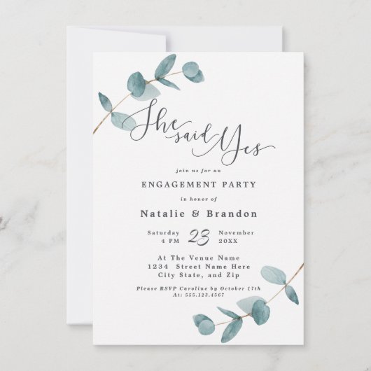 Einfache Eukalyptus Sie sagte Ja Engagement Partei Einladung (Vorderseite)