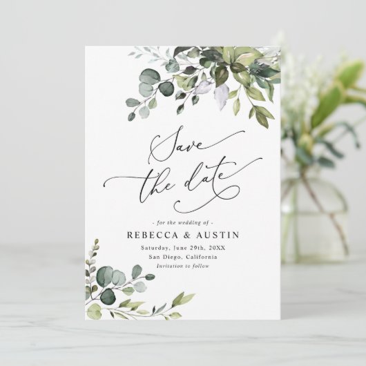 Einfache Eukalyptus Verlasse Grünflächen Save the Einladung (Stehend Vorderseite)