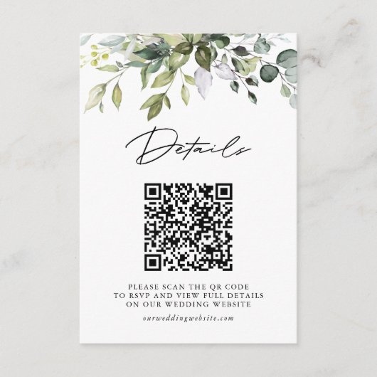 Einfache Eukalyptusblätter QR-Code Hochzeitsdetail Begleitkarte (Vorderseite)