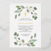 Einfache Eukalyptusgrüne und Goldkreuztaufe Folieneinladung (Vorderseite)
