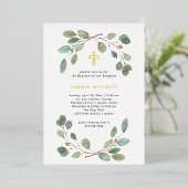 Einfache Eukalyptusgrüne und Goldkreuztaufe Folieneinladung (Stehend vorne)