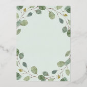 Einfache Eukalyptusgrüne und Goldkreuztaufe Folieneinladung (Rückseite)
