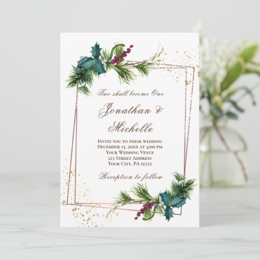 Einfache Evergreen Gold Frame Christliche Hochzeit Einladung (Stehend Vorderseite)
