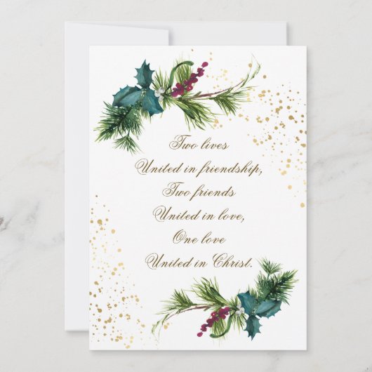 Einfache Evergreen Gold Frame Christliche Hochzeit Einladung (Rückseite)