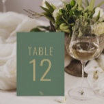 Einfache Extravagante Hochzeit mit Grün und Gold Tischnummer<br><div class="desc">Elegante,  grüne und goldene minimalistische Hochzeitsvorlage Tischnummer. Das einzigartige und moderne smaragdgrüne Design eines Eukalyptusblattes in Gold und Salbei. Und goldgelbe Tischnummer auf einem extravaganten grünen Hintergrund. Nehmen Sie sich diese moderne kalligraphische Hochzeitskalligraphie-Tischnummer und passen Sie sie an.</div>