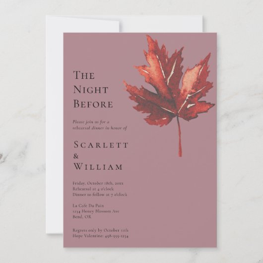 Einfache Fall Leaf Mauve Hochzeit die Nacht vor Einladung (Vorderseite)