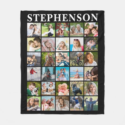 Einfache Familie 30 Foto Collage Name Schwarz Fleecedecke (Vorderseite)