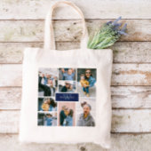 Einfache Familienfoto-Collage Navy Monogram Tragetasche