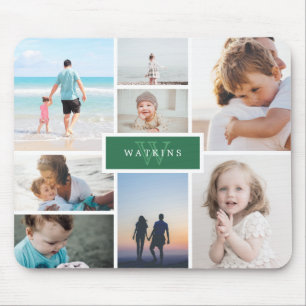 Einfache Familienfoto-Collage und grünes Monogram Mousepad