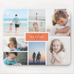 Einfache Familienfoto-Collage und Orange Monogramm Mousepad