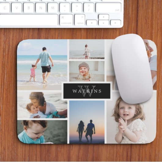 Einfache Familienfoto-Collage und Schwarzes Monogr Mousepad