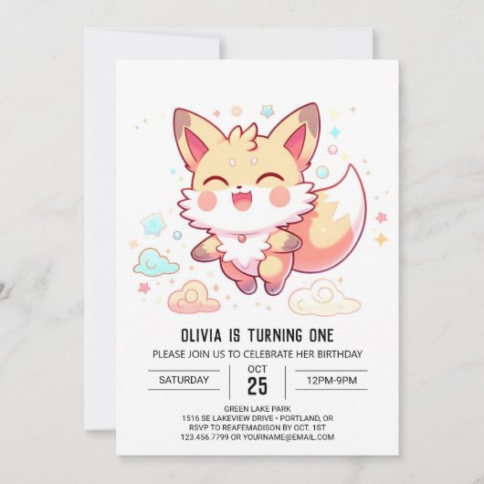 Einfache Fantasy Fox 1. Geburtstag Einladung (Vorderseite)