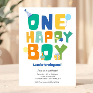 Einfache farbenfrohe One Happy Boy 1. Geburtstagsf Einladung