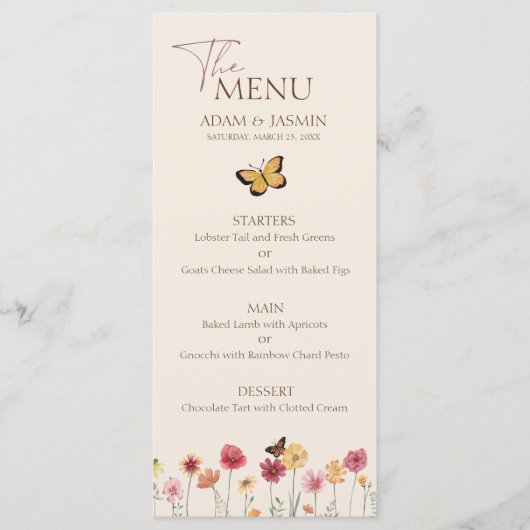 Einfache farbenfrohe Wildblume Blumenhochzeit Menükarte (Vorderseite)