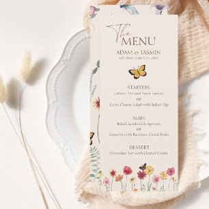 Einfache farbenfrohe Wildblume Blumenhochzeit Menükarte