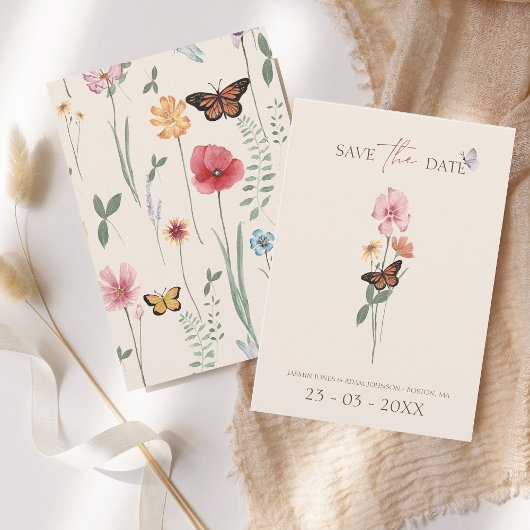 Einfache farbenfrohe Wildblume Blumenhochzeit Save The Date