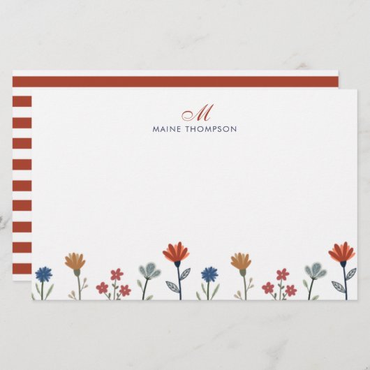Einfache farbige Blume Script Monogram Stripes Briefpapier (Vorne/Hinten)