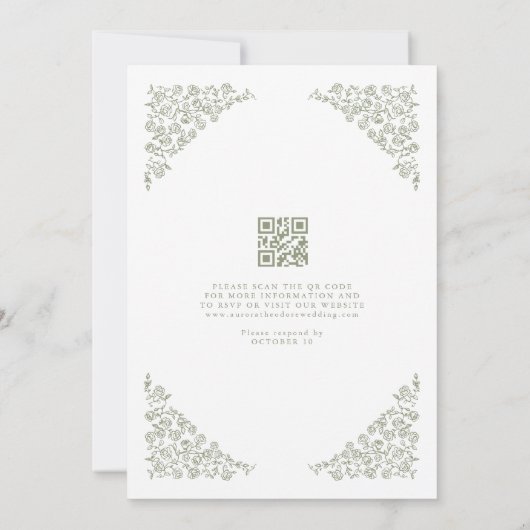 Einfache feine Floral QR Code Sage Green Wedding Einladung (Rückseite)