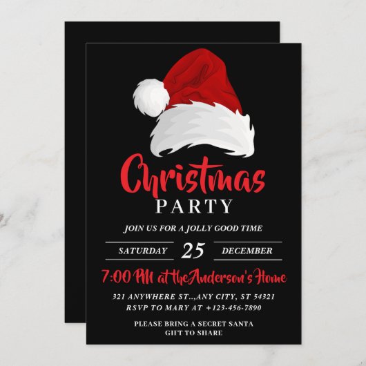 Einfache festliche Weihnachtsmannmütze, schwarzes Einladung (Vorne/Hinten)