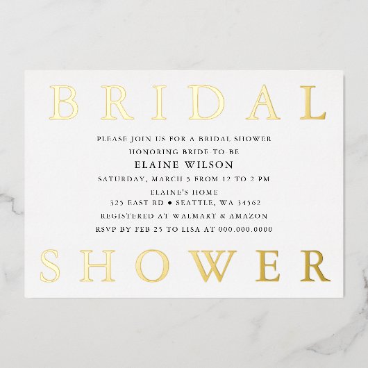 Einfache, fette Buchstaben Modernes Brautparty Folieneinladung (Vorderseite)