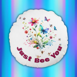 Einfache Floral-Aquarell-Monogramm-Biene auf weiß Rundes Kissen