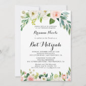 Einfache florale grüne Kalligrafie Bat Mitzvah Einladung (Vorderseite)