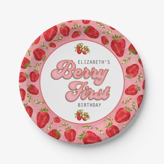 Einfache florale Red Strawberry Pattern Berry Firs Pappteller (Vorderseite)