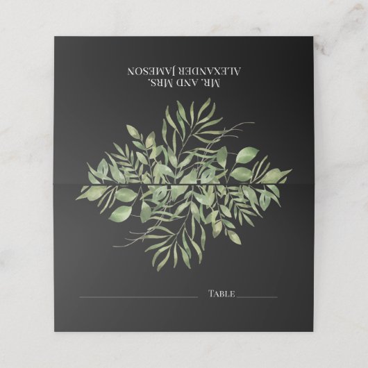 Einfache Foliage | Schwarz | Grüne Hochzeitsgestal Platzkarte (Außenseite Aufgefaltet)