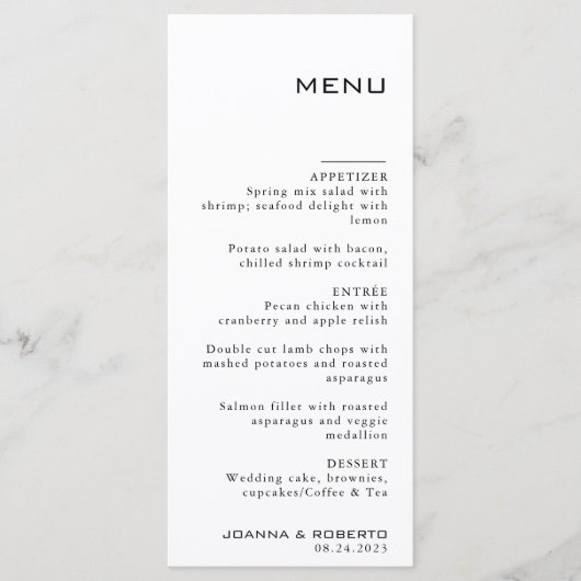 Einfache formale Schwarz-Weiß-Hochzeit Menükarte (Vorderseite)
