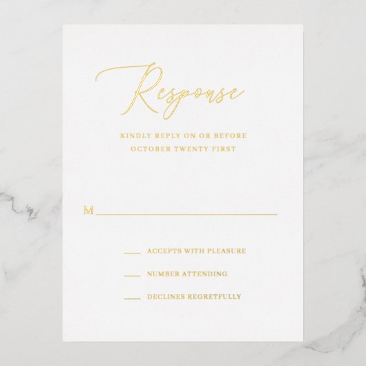 Einfache formelle Gold Foil Wedding RSVP Karte (Vorderseite)
