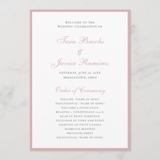 Einfache formelle, rosa Rose Hochzeit Programm (Vorderseite)